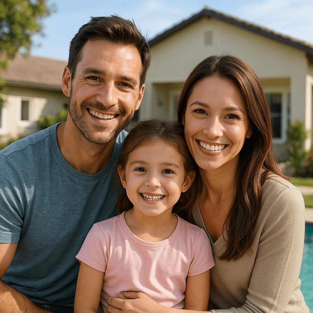 Familia feliz junto a piscina de hormigón. Construcción e impermeabilización de piscinas y obras.