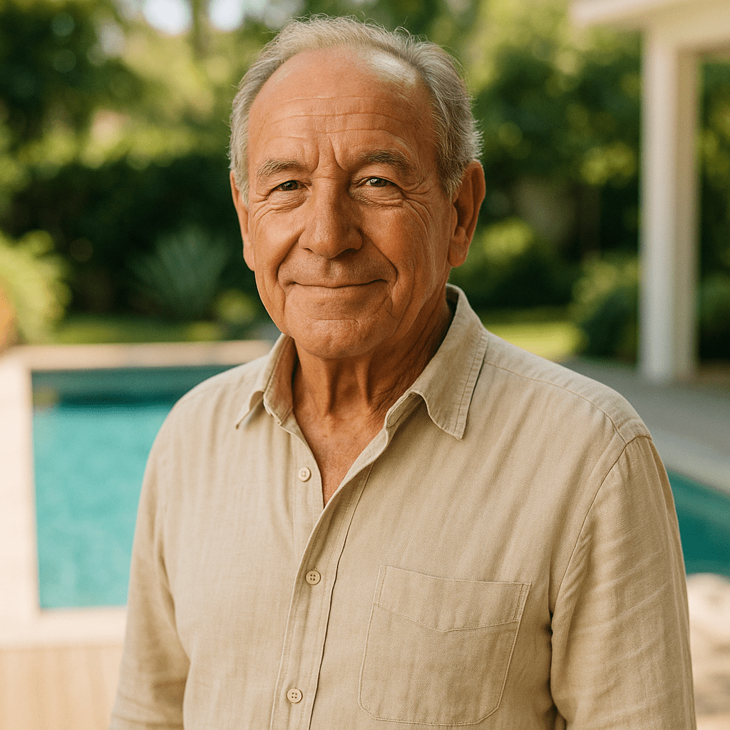 Hombre satisfecho con la construcción e impermeabilización de su piscina de hormigón. Expertos en obra.