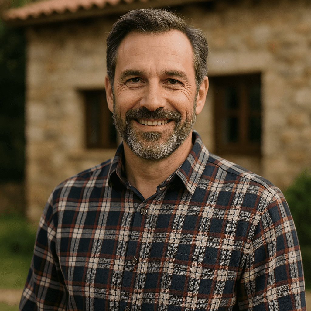 Hombre sonriente experto en construcción de piscinas, impermeabilización de hormigón y obra.