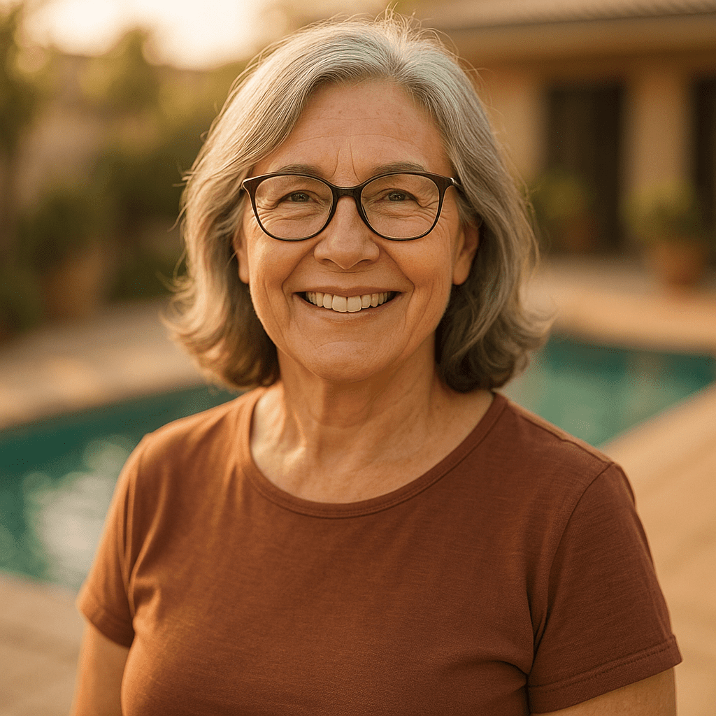 Cliente feliz junto a su piscina. Somos expertos en construcción de piscinas de hormigón, impermeabilización y obra.