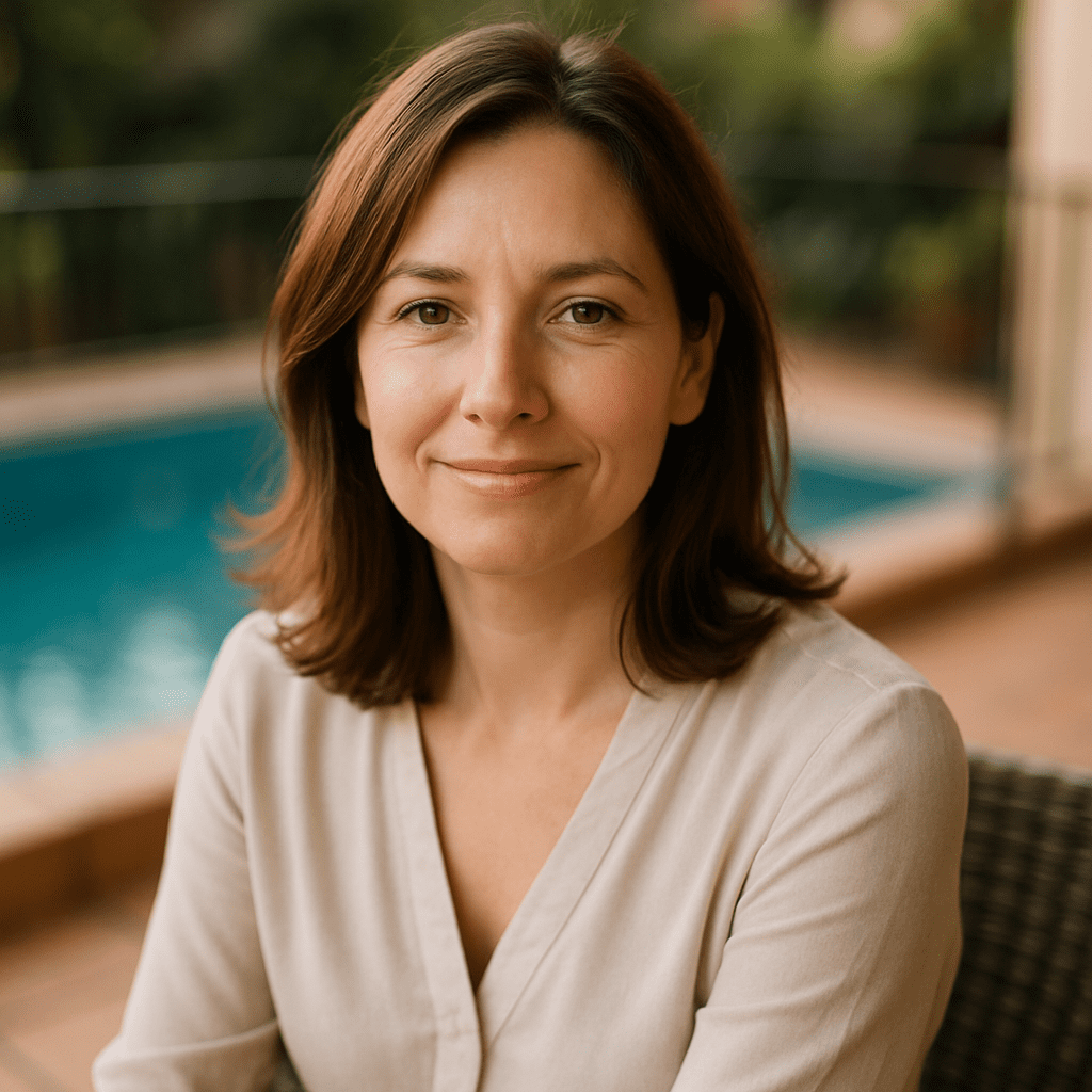 Cliente satisfecha con la construcción e impermeabilización de su piscina de hormigón. Calidad en cada obra.