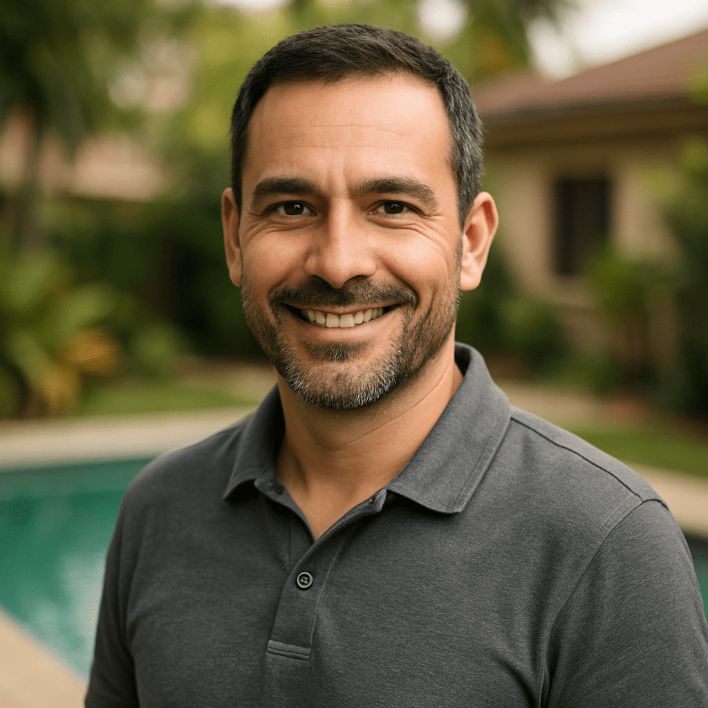 Experto en construcción de piscinas de hormigón e impermeabilización sonríe, orgulloso de nuestra obra.