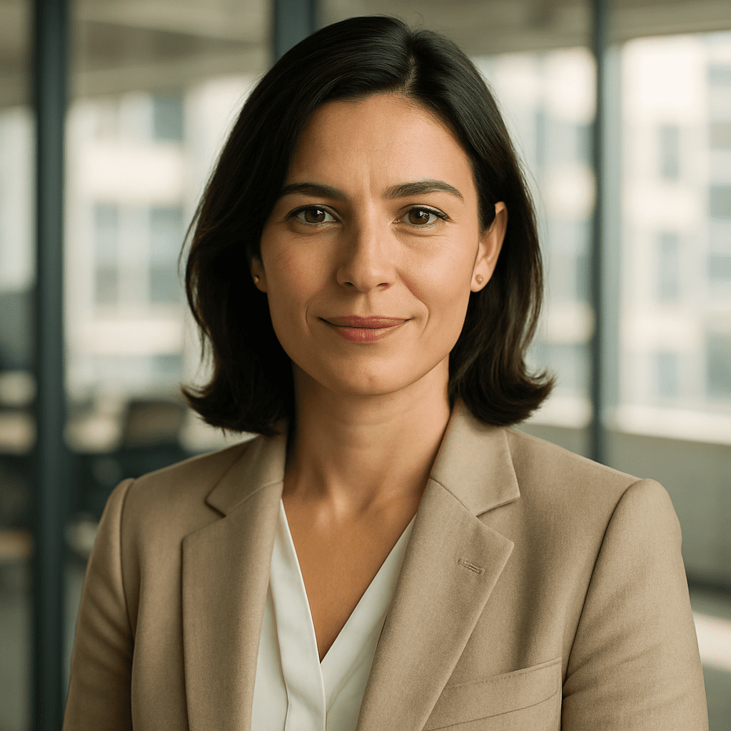 Mujer profesional sonriente. Especialista en construcción de piscinas, impermeabilización y obra de hormigón.
