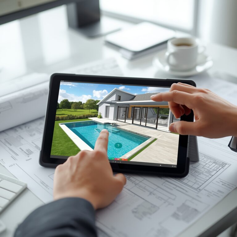 Visualización 3D de piscina de hormigón. Expertos en construcción, impermeabilización y obra de calidad.