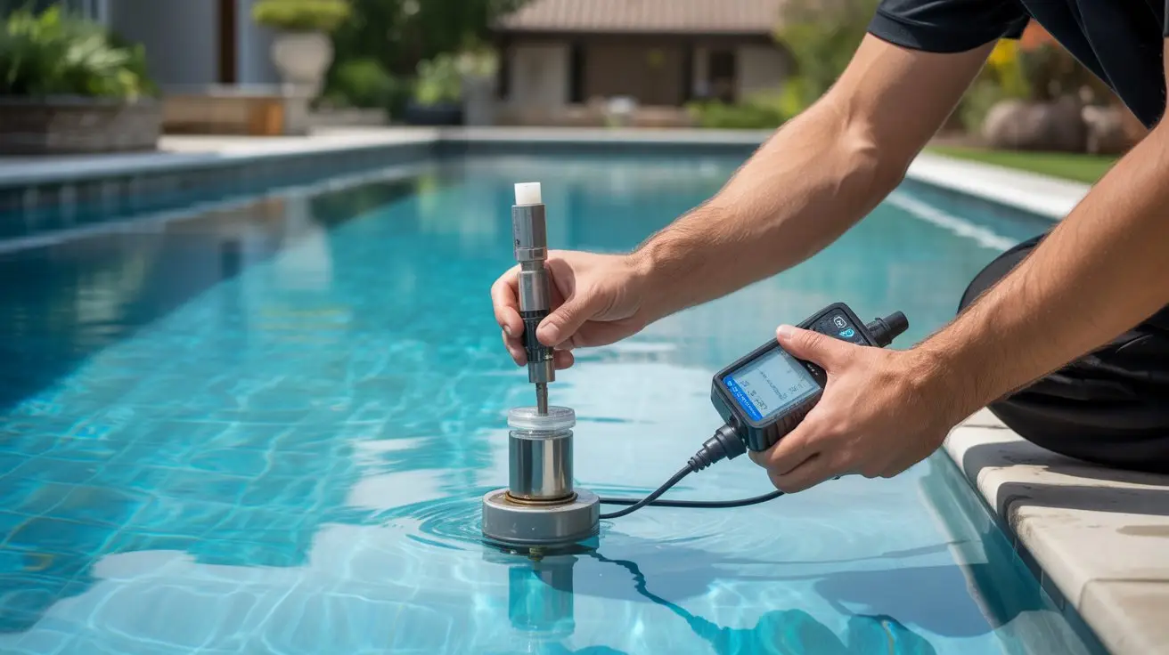 Construcción y impermeabilización de piscinas de hormigón. Técnico revisa calidad de agua de la obra.