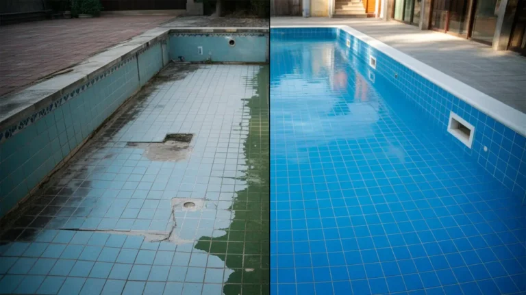 Antes y después: piscina de hormigón renovada. Impermeabilización y construcción de obra.